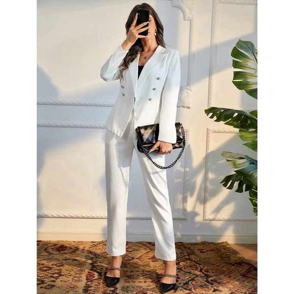 2 piece pantsuit: white Double Breasted Lapel Collar Blazer & Pants ivory - Picture 5 of 5